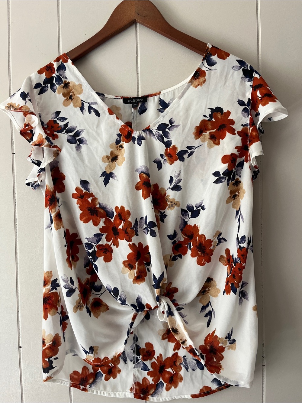 Eclipse White Floral Tie-Front Blouse with Navy & Rust Blooms